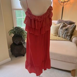 Rebecca Taylor size 8 red silk strapless dress with elastic waist and ruffles
